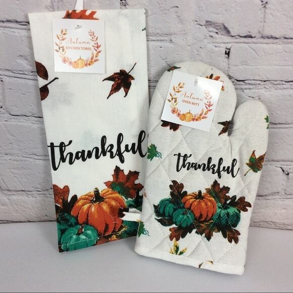 “Thankful" Pumpkins 2 Piece Fall Kitchen Set Dish Towel Oven Mitt Teal Orange - Picture 1 of 4